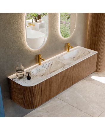 Mondiaz Kurve-Dlux 175cm badmeubel ronding Links kleur Walnut met 2 lades en 1 deur. Wastafel Stor small Dubbel / Rechts 2 kraangaten Glace.