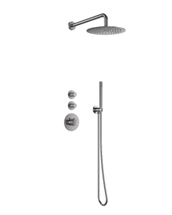 Sani DeLuxe Doucheset inbouw deluxe met box thermostaat, muurbevestiging / douchekop 25 cm rond Gun Metal met geribbeld knop