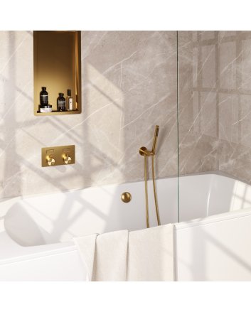 BRAUER Gold Edition thermostatische inbouw badkraan met drukknoppen SET 03 met badvulcombinatie en staaf handdouche en doucheslang en wandaansluitbocht goud geborsteld PVD