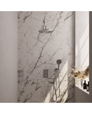 BRAUER Brushed Edition thermostatische inbouw regendouche 3-weg omstelling SET 34 met 30 cm douchekop en gebogen muurarm en 3-standen handdouche en doucheslang en wandaansluitbocht RVS geborsteld PVD