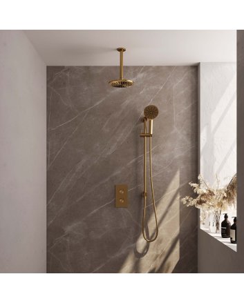 BRAUER Gold Carving thermostatische inbouw regendouche 3-weg omstelling SET 47 met 20 cm douchekop en plafondarm en 3-standen handdouche en doucheslang en geïntegreerde glijstang goud geborsteld PVD