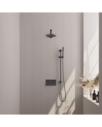 BRAUER Gunmetal Edition thermostatische inbouw regendouche met drukknoppen SET 61 met 20 cm douchekop en rechte muurarm en staaf handdouche en doucheslang en geïntegreerde glijstang gunmetal geborsteld PVD