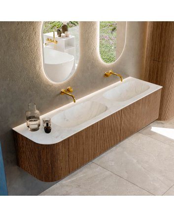 Mondiaz Kurve-Dlux 175cm badmeubel ronding Links kleur Walnut met 2 lades en 1 deur. Wastafel Stor small Dubbel / Rechts zonder kraangat Opalo.