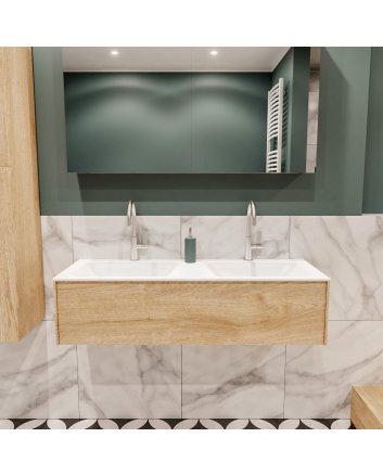 Mondiaz Lush 120 badmeubel washed oak 1 lade wastafel dubbel 2 kraangaten