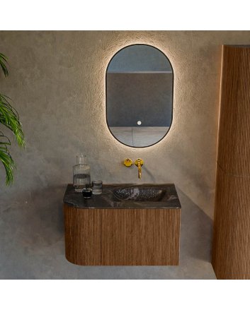Mondiaz Kurve-Dlux 75cm badmeubel ronding Links kleur Walnut met 1 lade en 1 deur. Wastafel Grunne Rechts zonder kraangat Lava.