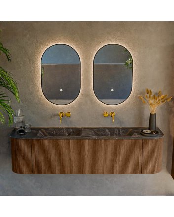 Mondiaz Kurve-Dlux 170cm badmeubel ronding Links + Rechts kleur Walnut met 1 lade en 2 deuren. Wastafel Leaf Dubbel zonder kraangat Lava.
