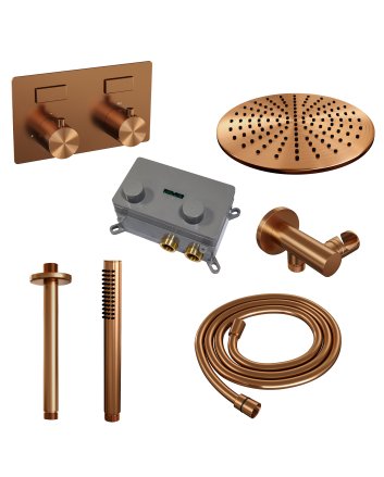BRAUER Copper Edition thermostatische inbouw regendouche met drukknoppen SET 54 met 30 cm douchekop en plafondarm en staaf handdouche en doucheslang en wandaansluitbocht koper geborsteld PVD