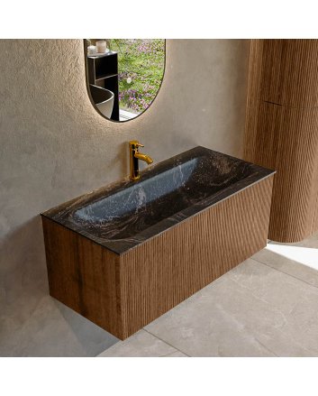 Mondiaz Kurve-Dlux 100cm badmeubel kleur Walnut met 1 lade en 0 deuren. Wastafel Big medium Midden 1 kraangat Lava.