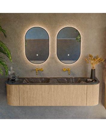 Mondiaz Kurve-Dlux 170cm badmeubel ronding Links + Rechts kleur Oak met 1 lade en 2 deuren. Wastafel Leaf Dubbel zonder kraangat Lava.