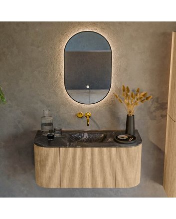 Mondiaz Kurve-Dlux 100cm badmeubel ronding Links + Rechts kleur Oak met 1 lade en 2 deuren. Wastafel Grunne Midden zonder kraangat Lava.