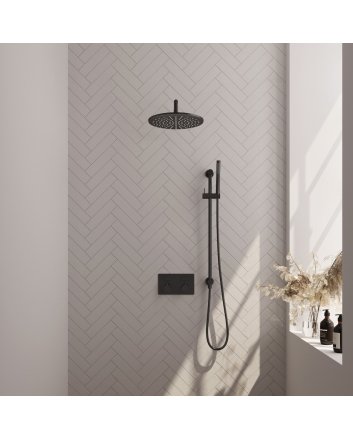 BRAUER Black Carving thermostatische inbouw regendouche met drukknoppen SET 64 met 30 cm douchekop en gebogen muurarm en staaf handdouche en doucheslang en geïntegreerde glijstang mat zwart