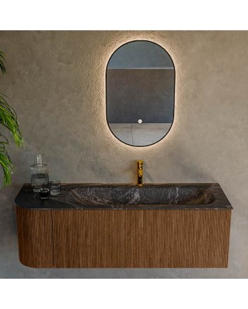 Mondiaz Kurve-Dlux 135cm badmeubel ronding Links kleur Walnut met 1 lade en 1 deur. Wastafel Big medium Rechts 1 kraangat Lava.