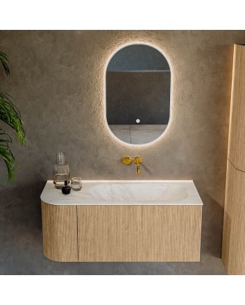 Mondiaz Kurve-Dlux 105cm badmeubel ronding Links kleur Oak met 1 lade en 1 deur. Wastafel Big small Rechts zonder kraangat Ostra.