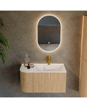 Mondiaz Kurve-Dlux 85cm badmeubel ronding Links kleur Oak met 1 lade en 1 deur. Wastafel Cloud Rechts 1 kraangat Frappe.