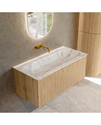 Mondiaz Kurve-Dlux 100cm badmeubel kleur Oak met 1 lade en 0 deuren. Wastafel Big medium Midden zonder kraangat Glace.