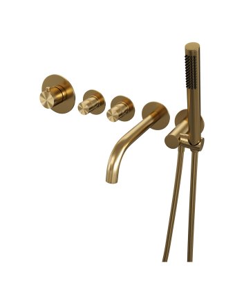 BRAUER Gold Edition thermostatische inbouw badkraan SET 01 met uitloop en staaf handdouche en doucheslang en wandaansluitbocht goud geborsteld PVD