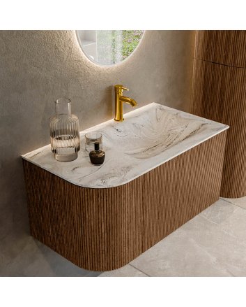 Mondiaz Kurve-Dlux 85cm badmeubel ronding Links kleur Walnut met 1 lade en 1 deur. Wastafel Cloud Rechts 1 kraangat Glace.