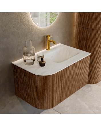Mondiaz Kurve-Dlux 75cm badmeubel ronding Links kleur Walnut met 1 lade en 1 deur. Wastafel Grunne Rechts 1 kraangat Opalo.