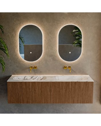 Mondiaz Kurve-Dlux 150cm badmeubel kleur Walnut met 2 lades en 0 deuren. Wastafel Stor small Dubbel zonder kraangat Glace.