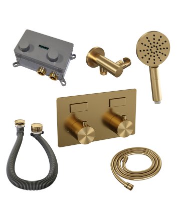 BRAUER Gold Edition thermostatische inbouw badkraan met drukknoppen SET 04 met badvulcombinatie en 3-standen handdouche en doucheslang en wandaansluitbocht goud geborsteld PVD