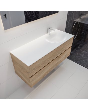 Mondiaz Vica 120 badmeubel washed oak 2 lades wastafel Moon rechts 1 kraangat