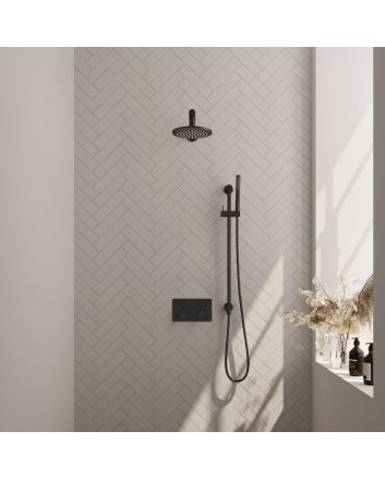BRAUER Black Edition thermostatische inbouw regendouche met drukknoppen SET 61 met 20 cm douchekop en rechte muurarm en staaf handdouche en doucheslang en geïntegreerde glijstang mat zwart