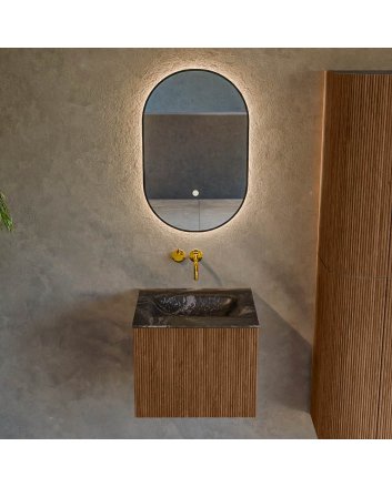 Mondiaz Kurve-Dlux 50cm badmeubel kleur Walnut met 1 lade en 0 deuren. Wastafel Grunne Midden zonder kraangat Lava.