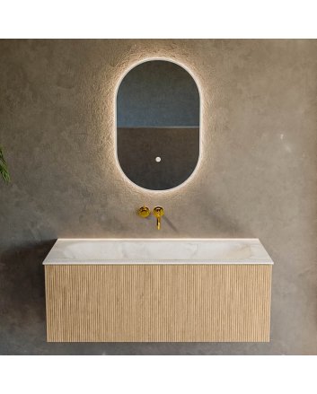 Mondiaz Kurve-Dlux 110cm badmeubel kleur Oak met 1 lade en 0 deuren. Wastafel Big medium Midden zonder kraangat Ostra.