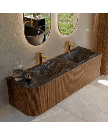 Mondiaz Kurve-Dlux 145cm badmeubel ronding Links kleur Walnut met 1 lade en 1 deur. Wastafel Leaf Dubbel / Rechts 2 kraangaten Lava.