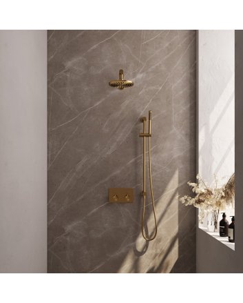 BRAUER Gold Edition thermostatische inbouw regendouche met drukknoppen SET 61 met 20 cm douchekop en rechte muurarm en staaf handdouche en doucheslang en geïntegreerde glijstang goud geborsteld PVD