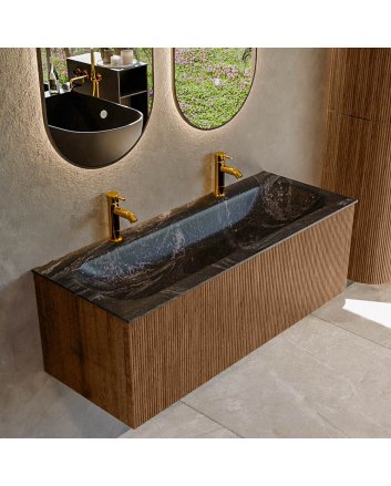 Mondiaz Kurve-Dlux 120cm badmeubel kleur Walnut met 1 lade en 0 deuren. Wastafel Big large Midden 2 kraangaten Lava.