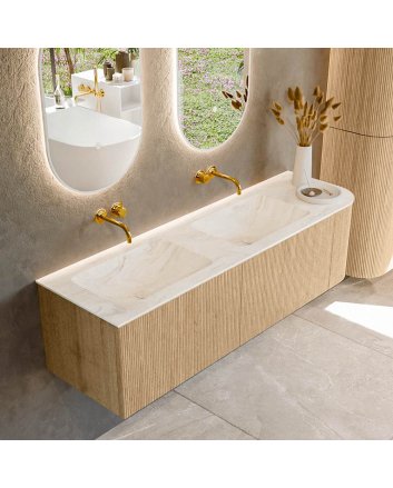 Mondiaz Kurve-Dlux 155cm badmeubel ronding Rechts kleur Oak met 2 lades en 1 deur. Wastafel Leaf Dubbel / Links zonder kraangat Ostra.