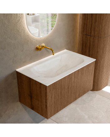 Mondiaz Kurve-Dlux 80cm badmeubel kleur Walnut met 1 lade en 0 deuren. Wastafel Big small Midden zonder kraangat Ostra.