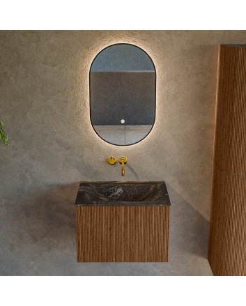Mondiaz Kurve-Dlux 60cm badmeubel kleur Walnut met 1 lade en 0 deuren. Wastafel Cloud Midden zonder kraangat Lava.