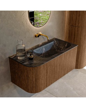 Mondiaz Kurve-Dlux 95cm badmeubel ronding Links kleur Walnut met 1 lade en 1 deur. Wastafel Big small Rechts zonder kraangat Lava.