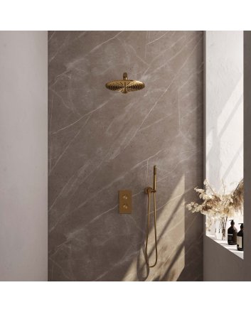 BRAUER Gold Edition thermostatische inbouw regendouche 3-weg omstelling SET 26 met 30 cm douchekop en rechte muurarm en staaf handdouche en doucheslang en wandaansluitbocht goud geborsteld PVD