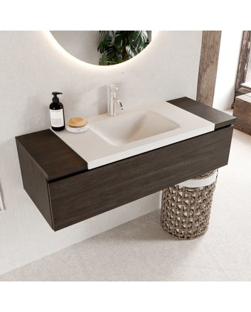 Mondiaz Bukla 120cm badmeubel onderkast kleur Dark Brown met 1 lade. Wastafel Cloud midden 1 kraangat kleur Talc.