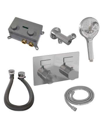 BRAUER Chrome Carving thermostatische inbouw badkraan met drukknoppen SET 04 met badvulcombinatie en 3-standen handdouche en doucheslang en wandaansluitbocht chroom