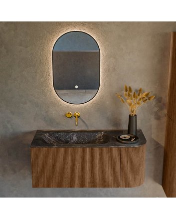 Mondiaz Kurve-Dlux 105cm badmeubel ronding Rechts kleur Walnut met 1 lade en 1 deur. Wastafel Big small Links zonder kraangat Lava.