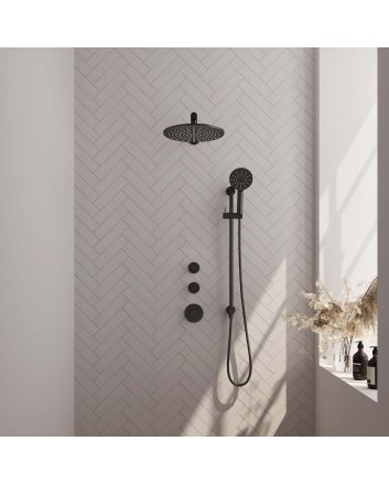 BRAUER Black Edition thermostatische inbouw regendouche SET 20 met 30 cm douchekop en rechte muurarm en 3-standen handdouche en doucheslang en geïntegreerde glijstang mat zwart