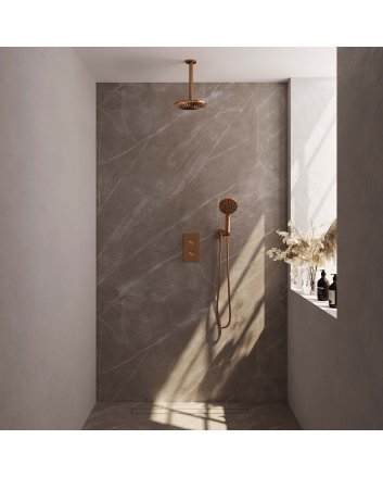 BRAUER Copper Carving thermostatische inbouw regendouche 3-weg omstelling SET 35 met 20 cm douchekop en plafondarm en 3-standen handdouche en doucheslang en wandaansluitbocht koper geborsteld PVD