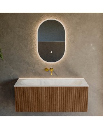 Mondiaz Kurve-Dlux 110cm badmeubel kleur Walnut met 1 lade en 0 deuren. Wastafel Big medium Midden zonder kraangat Opalo.