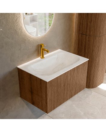 Mondiaz Kurve-Dlux 70cm badmeubel kleur Walnut met 1 lade en 0 deuren. Wastafel Big small Midden 1 kraangat Ostra.
