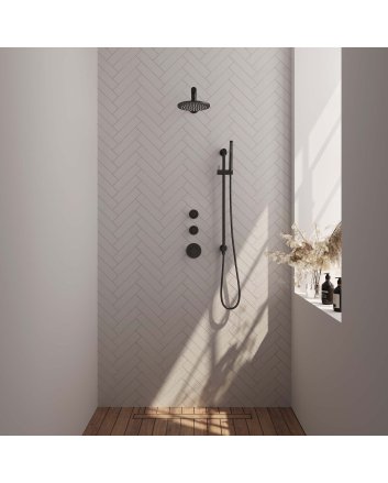 BRAUER Black Edition thermostatische inbouw regendouche SET 13 met 20 cm douchekop en rechte muurarm en staaf handdouche en doucheslang en geïntegreerde glijstang mat zwart