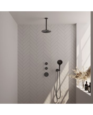 BRAUER Gunmetal Carving thermostatische inbouw regendouche SET 11 met 20 cm douchekop en plafondarm en 3-standen handdouche en doucheslang en wandaansluitbocht gunmetal geborsteld PVD
