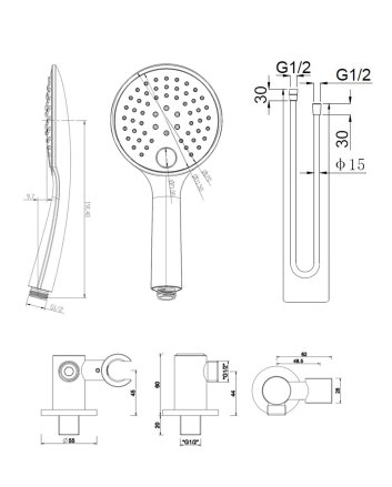 UniMatch handdoucheset met handdouche 3 standen Ø 12 cm, doucheslang en wandaansluitbocht chroom