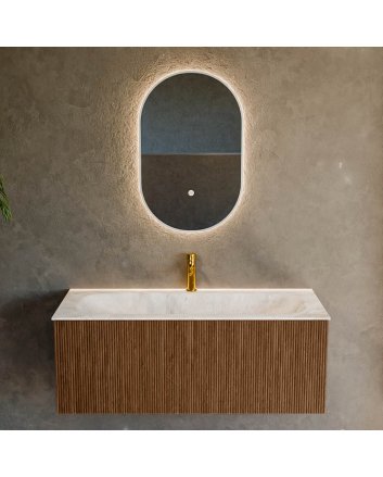 Mondiaz Kurve-Dlux 110cm badmeubel kleur Walnut met 1 lade en 0 deuren. Wastafel Big medium Midden 1 kraangat Frappe.