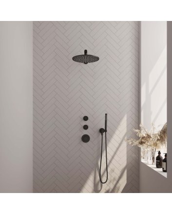 BRAUER Black Carving thermostatische inbouw regendouche SET 02 met 30 cm douchekop en rechte muurarm en staaf handdouche en doucheslang en wandaansluitbocht mat zwart