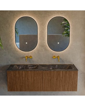 Mondiaz Kurve-Dlux 130cm badmeubel kleur Walnut met 2 lades en 0 deuren. Wastafel Leaf Dubbel zonder kraangat Lava.