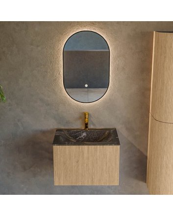 Mondiaz Kurve-Dlux 60cm badmeubel kleur Oak met 1 lade en 0 deuren. Wastafel Cloud Midden 1 kraangat Lava.